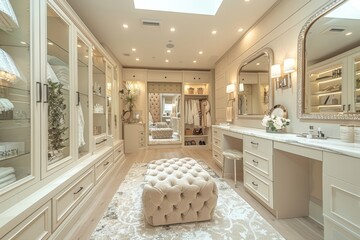 Luxury walk in closet showcasing elegant home interior design and organized dressing room with modern furniture and bright lighting. virtual background concept.