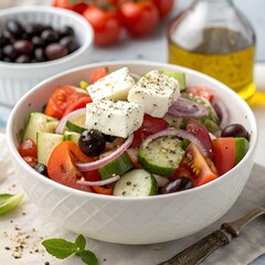 Close up of a greek salad in a white bowl with tomatoes and olive oil