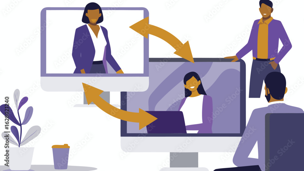 Poster illustration of people in a virtual meeting using computers and arrow connections for communication 