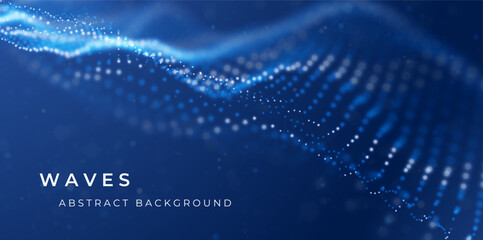 Wave of blue particles. Abstract technology flow background. Sound mesh pattern or grid landscape. Digital data structure consist dot elements. Future vector illustration.