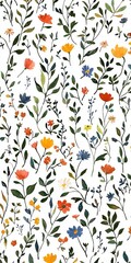 A pattern made of many very tiny wildflowers and leaves on a white background