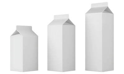 Three blank white carton beverage containers of varying sizes mockup on a transparent background