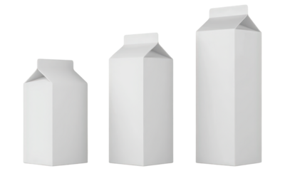 Three blank white carton beverage containers of varying sizes mockup on a transparent background