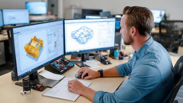 Professional Engineer Working on CAD Design: A focused professional meticulously analyzes a computer-aided design (CAD) plan on dual monitors.