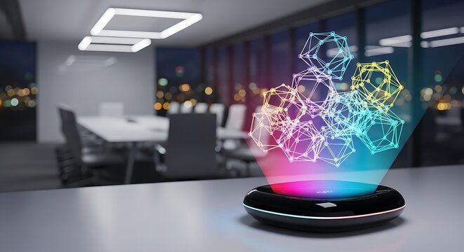 Futuristic holographic display in modern office meeting room