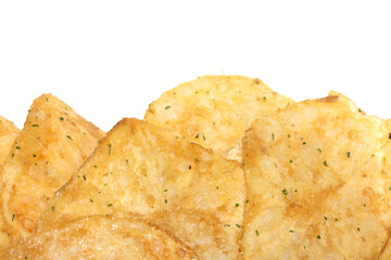 Close up of fresh potato seasoned crisps snack on a white background