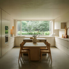 Fototapeta premium A modern and minimalist kitchen design featuring a dining area with a view