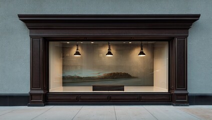 Ornate storefront display window with dark wood trim.