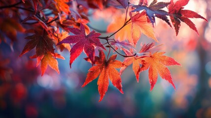 Vibrant Japanese maple leaves glow with autumn colors against a soft, blurred background