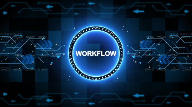 Concept about work flow to improve efficiency in process with automation. Work flow with businessman on blurred abstract background.