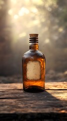 Vintage amber glass bottle with cork on a rustic wooden surface, backlit by soft sunlight.