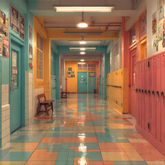 Brightly colored school hallway ready for first day of school activities with lockers and posters on walls