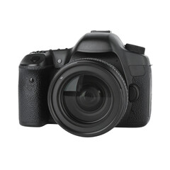 big professional modern photo camera, png file of isolated cutout object with shadow on transparent background.