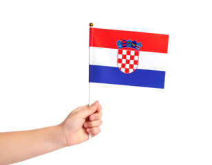 A hand holds the national flag of Croatia, featuring red, white, and blue stripes with its coat of arms.

