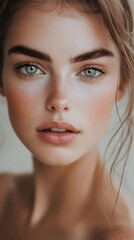 Naklejka premium Close-up portrait of a young Caucasian woman with striking blue eyes and natural beauty.