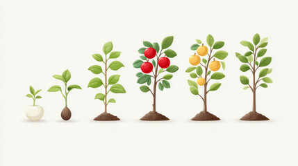 Fototapeta premium Stages of plant growth illustrated with seedlings and mature fruiting trees