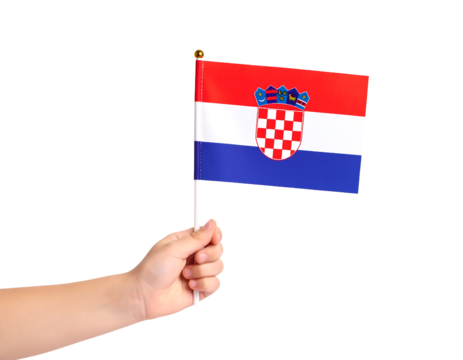A hand holds the national flag of Croatia, featuring red, white, and blue stripes with its coat of arms.

