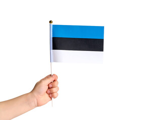 A hand holds the national flag of Estonia, a symbol of national pride.