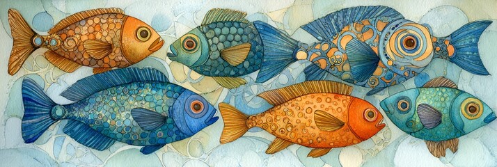 Illustrazione acquerello stilizzata di pesci