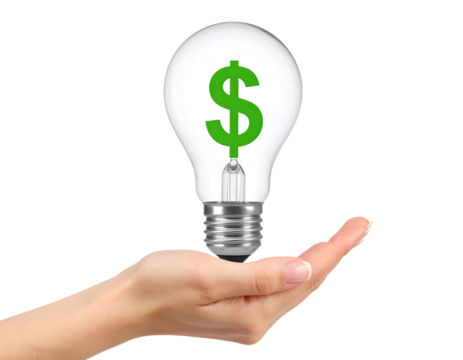 A hand holds a lightbulb with a green dollar sign inside, representing a profitable idea.