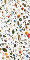 A pattern made of many very tiny wildflowers and leaves on a white background
