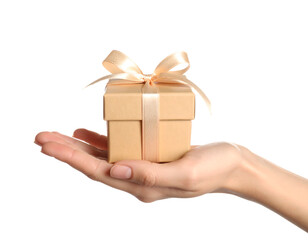 A hand holding a small beige gift box tied with an elegant ribbon and bow.