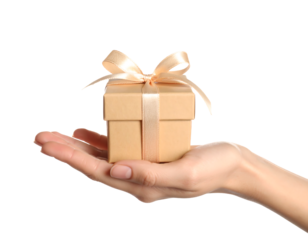 A hand holding a small beige gift box tied with an elegant ribbon and bow.