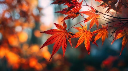 Vivid red and orange maple leaves bathed in sunlight, blurred background