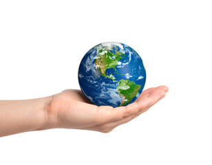 A hand holding a realistic globe of the Earth, symbolizing global responsibility.