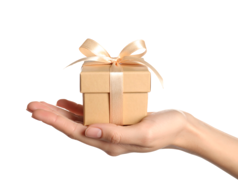 A hand holding a small beige gift box tied with an elegant ribbon and bow.
