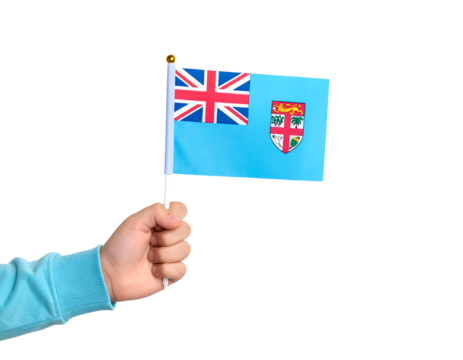 A person's hand is holding a small Fijian flag.