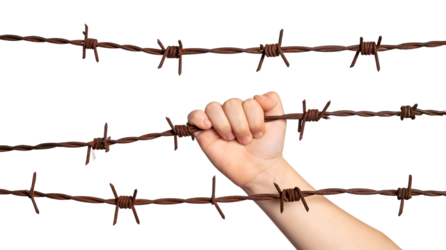 A person's hand is gripping a piece of barbed wire.