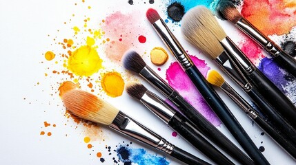 Obraz premium Colorful paintbrushes on a white surface with vibrant splashes of color