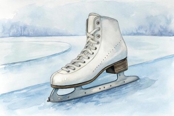 White Ice Skate on Frozen Surface with Watercolor Background