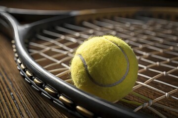 Yellow Tennis Ball on Wooden Surface with Racket Close-Up
