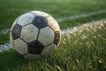 Worn Soccer Ball on Grass Field with Morning Dew Drops Glimmering