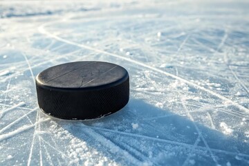 Black Hockey Puck on Ice Rink with Scratch Marks and Shadows