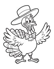 Thanksgiving Pilgrim Turkey Wearing Traditional Hat – Cartoon Line Art Illustration for Kids’ Holiday Projects and Coloring