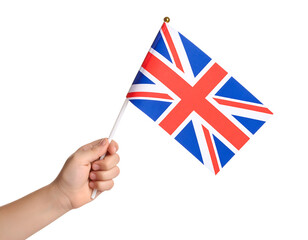 A hand holding the national flag of the United Kingdom.