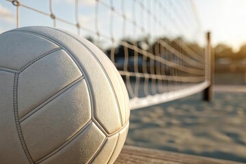 Close-Up of a Volleyball Near a Net on a Beach at Sunset