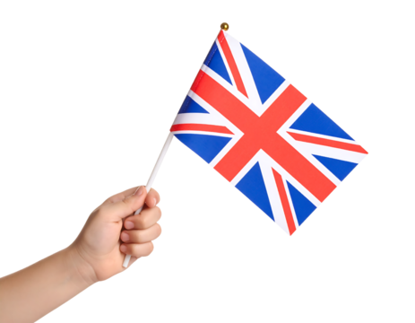 A hand holding the national flag of the United Kingdom.