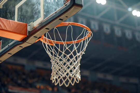 Close-Up of Basketball Hoop and Net in Indoor Sports Arena
