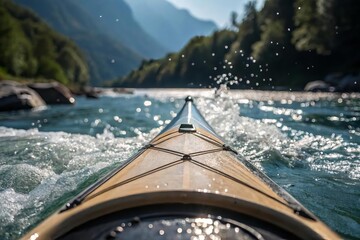 Close-Up View of Kayak Paddling Through Tranquil Mountain River