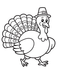 Thanksgiving Pilgrim Turkey Wearing Traditional Hat – Cartoon Line Art Illustration for Kids’ Holiday Projects and Coloring