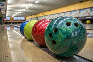 Colorful bowling balls lined up on a wooden bowling lane