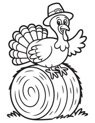 Classic Thanksgiving Turkey Displaying Full Tail Feathers – Detailed Line Art for Seasonal Coloring and Design Use