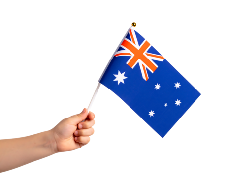 A hand holding up the national flag of Australia.