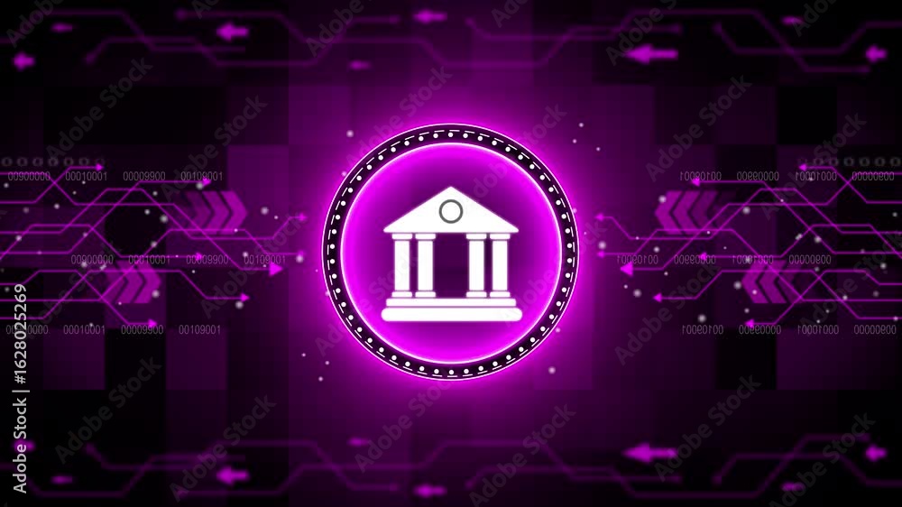 Poster digital bank icon on a circuit board background with a blue glowing light effect. house with futuris