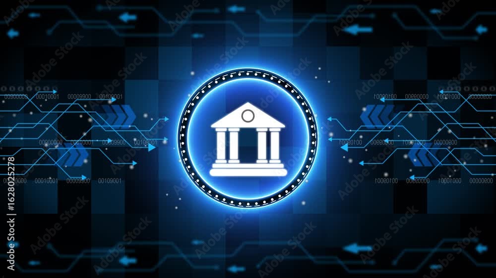 Poster digital bank icon on a circuit board background with a blue glowing light effect. house with futuris