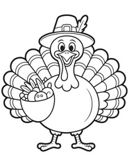 Thanksgiving Pilgrim Turkey Wearing Traditional Hat – Cartoon Line Art Illustration for Kids’ Holiday Projects and Coloring